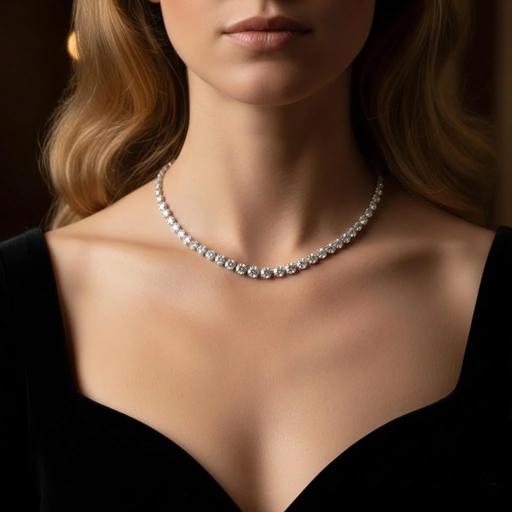 diamond necklace on model showing sparkle and stone size