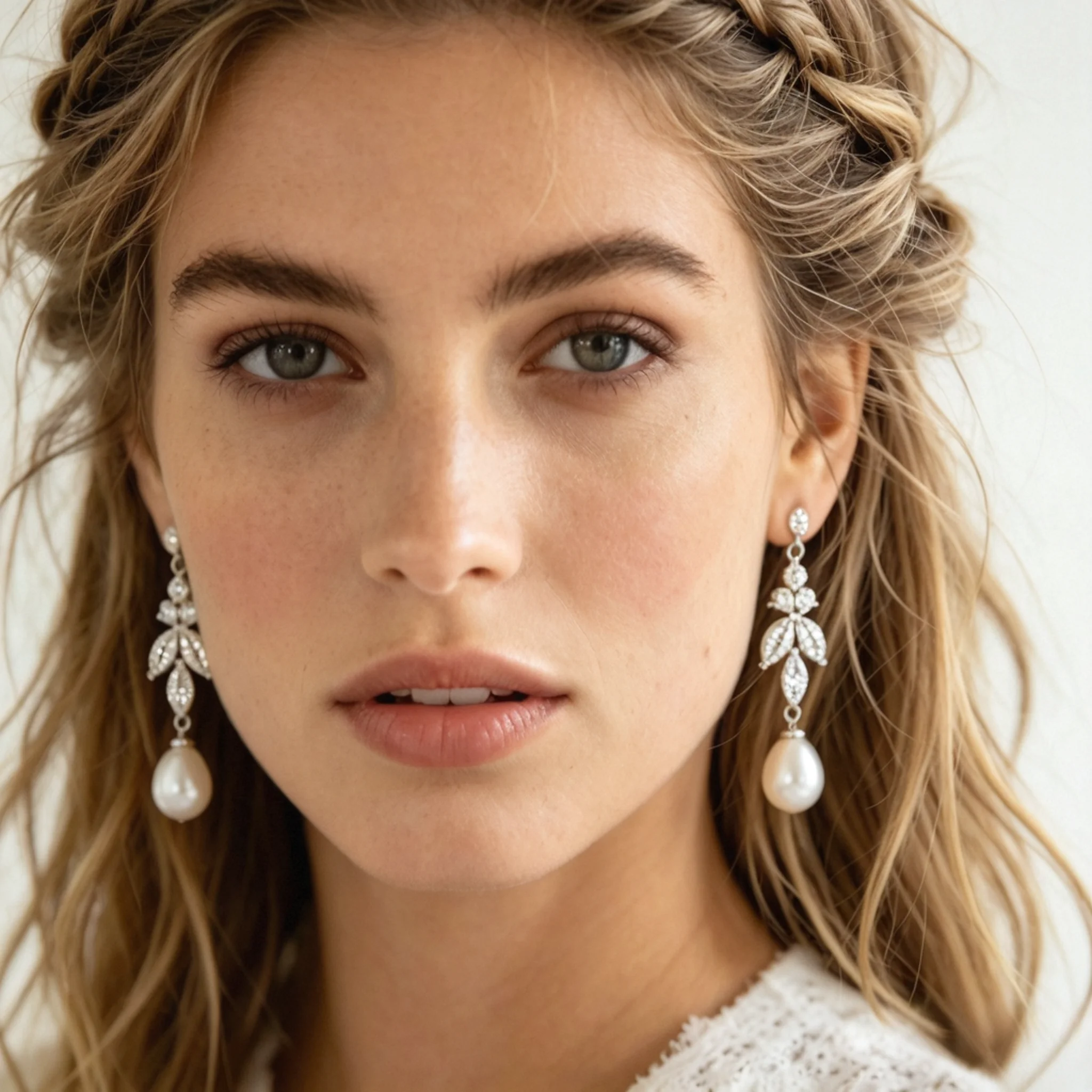 Bridal earring model angle guide with soft wedding styling and visible face-side detail