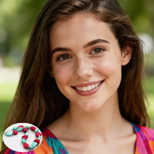 Model wearing jewelry next to the AI jewelry model generator interface with on-model previews