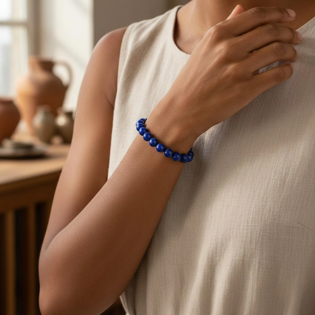 On-wrist beaded bracelet image generated by AI, highlighting bead size, surface texture and color on a model’s wrist.