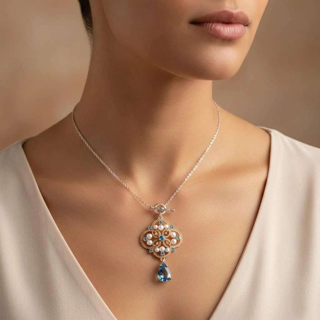 silver necklace on model showing shine and chain detail