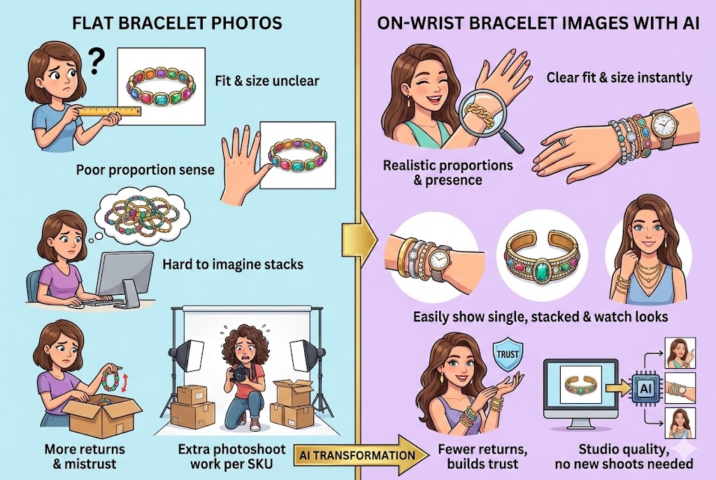 Comparison graphic showing flat product photos versus AI-generated on-wrist bracelet images
