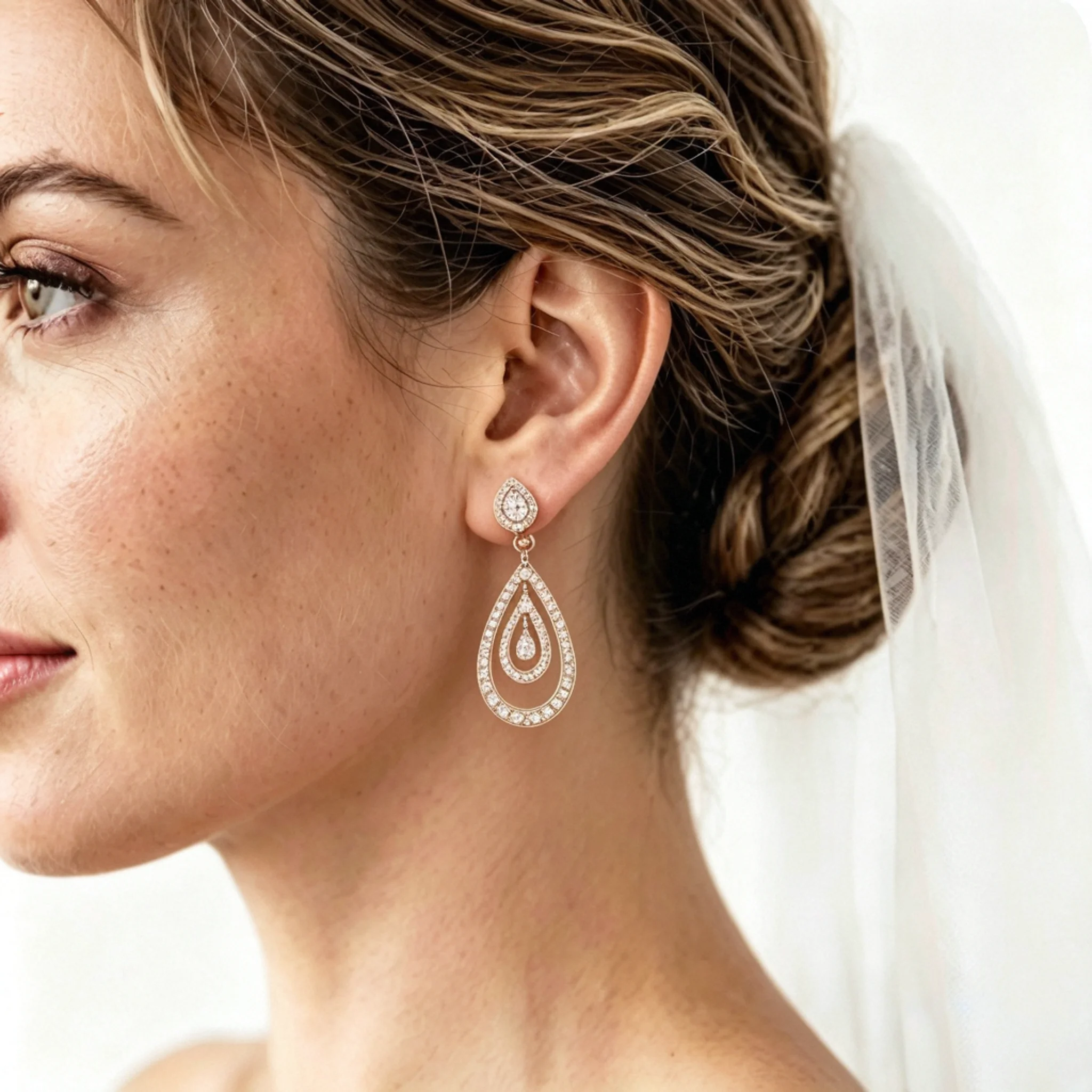 Bridal diamond earrings styled with a soft wedding look and refined stone detail