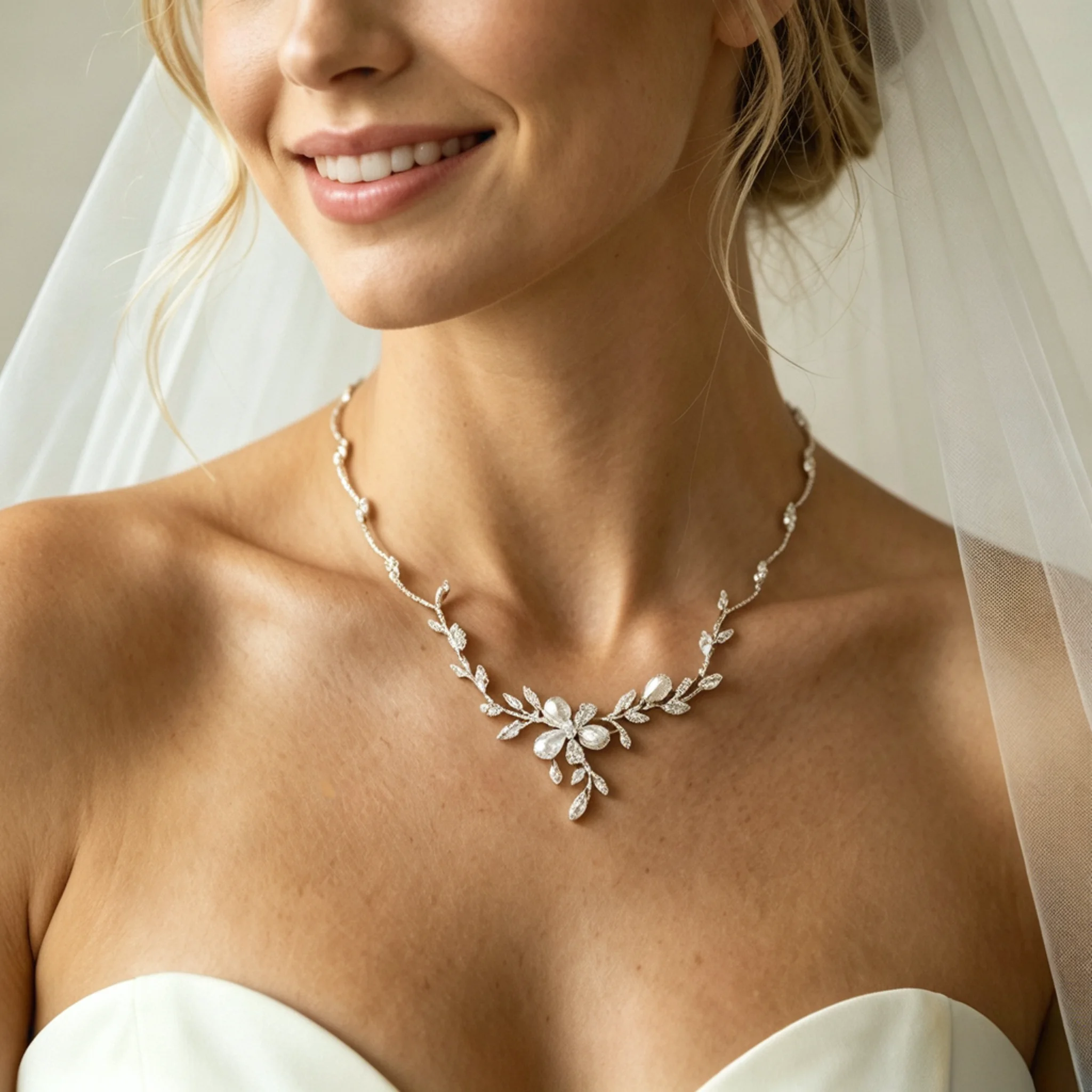 model wearing a bridal diamond necklace with a wedding dress