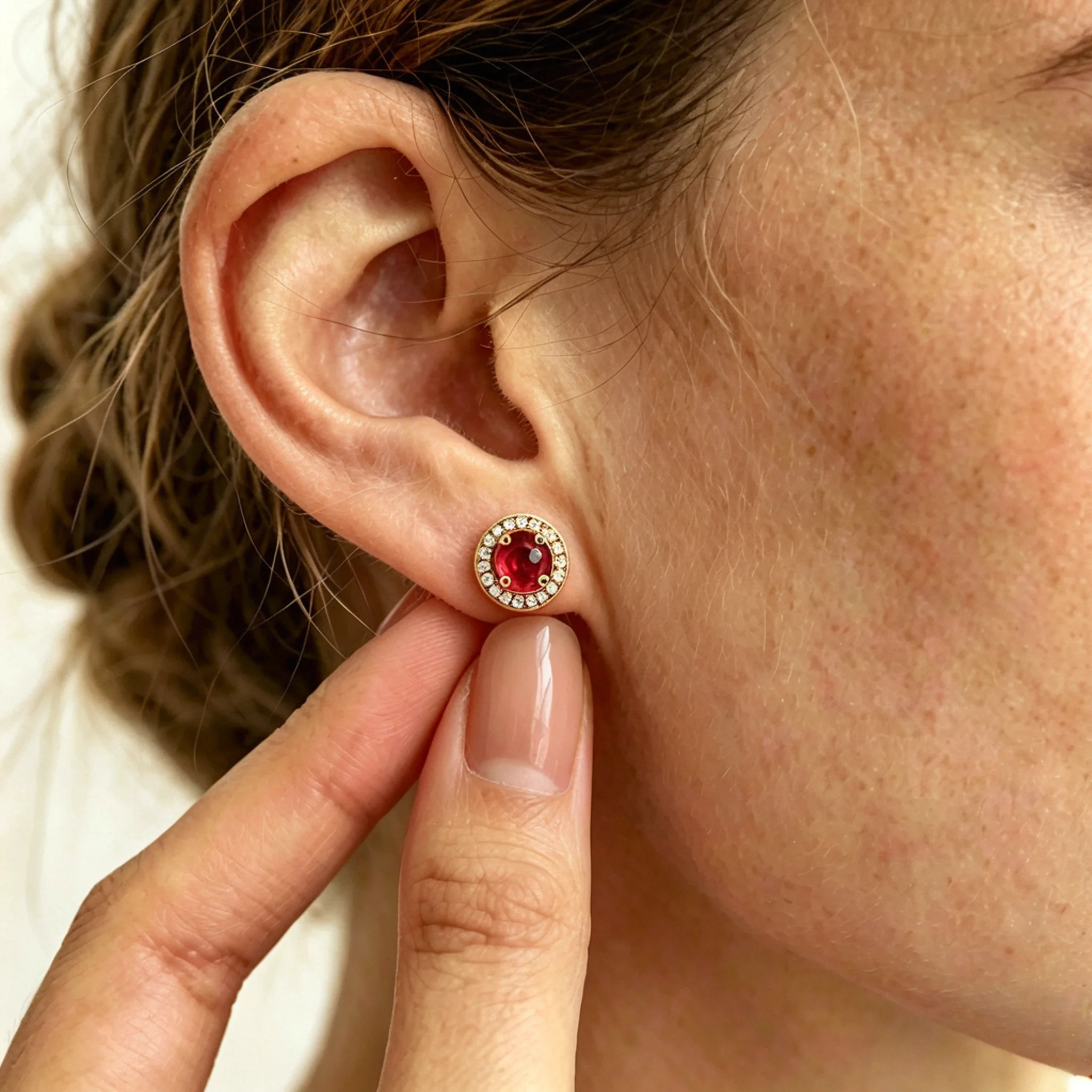 Bridal stud earrings shown on a bride with hair tucked behind the ear