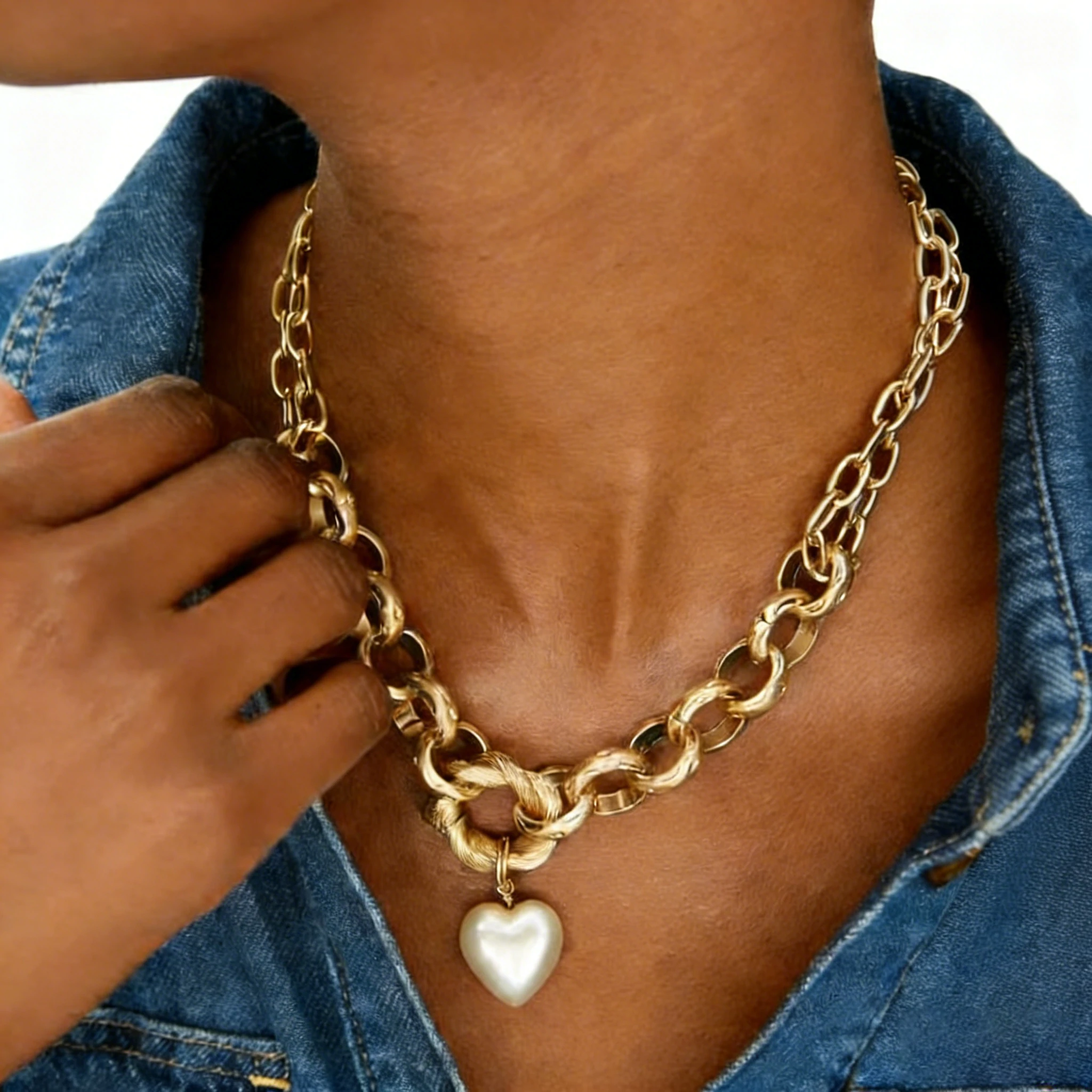 gold necklace on model showing color and pendant scale