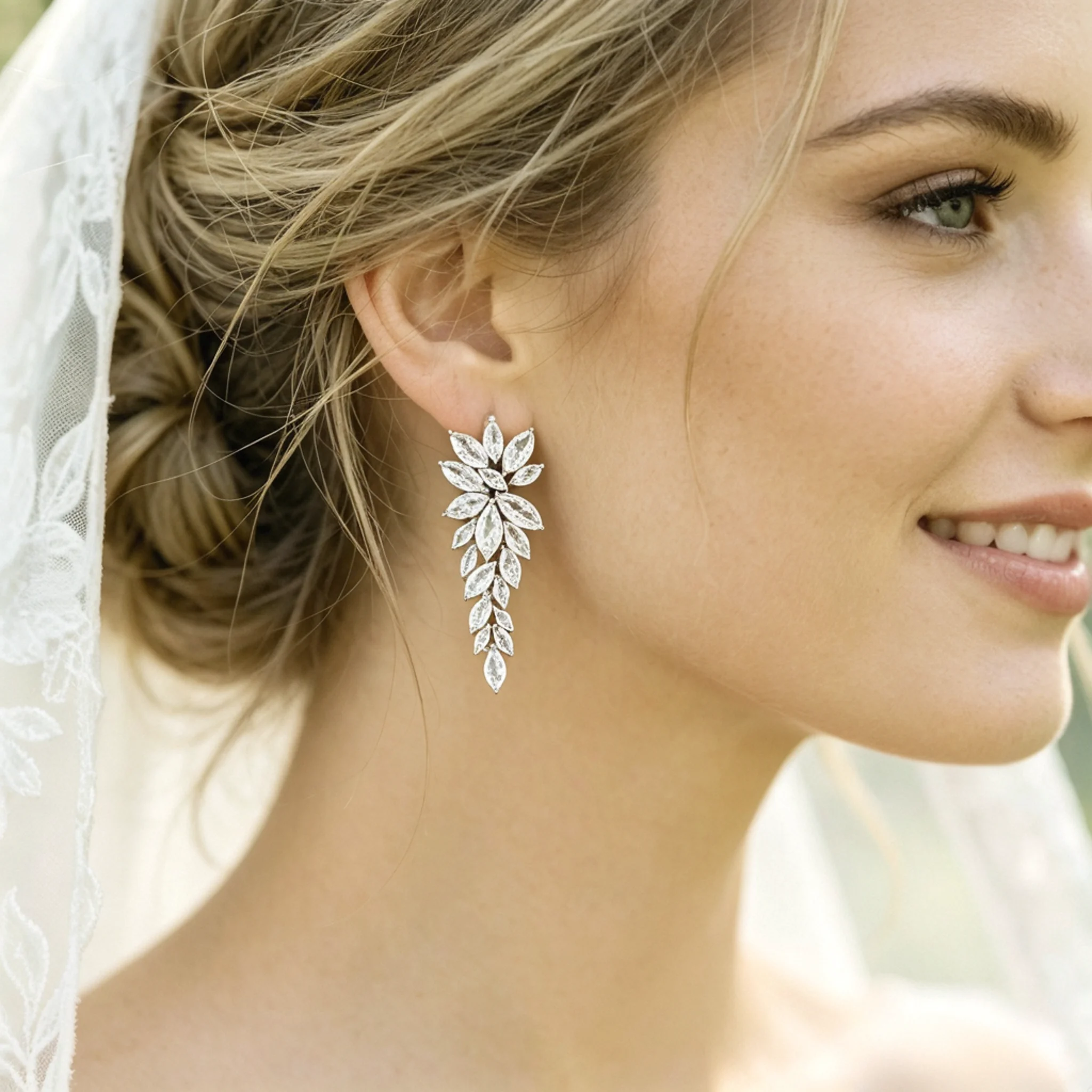 Cluster bridal earrings on a model showing lobe coverage and grouped details