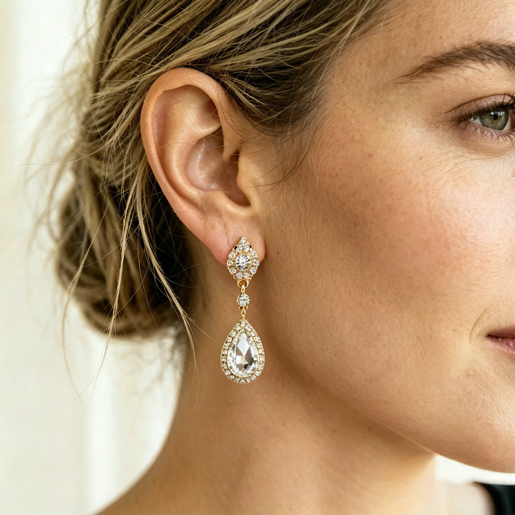 Crystal bridal earrings worn with soft wedding styling
