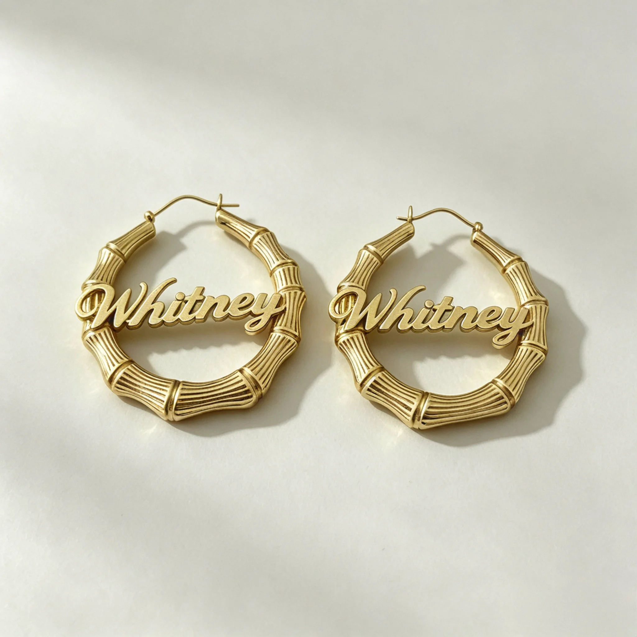 custom name bamboo earrings with hoop lettering