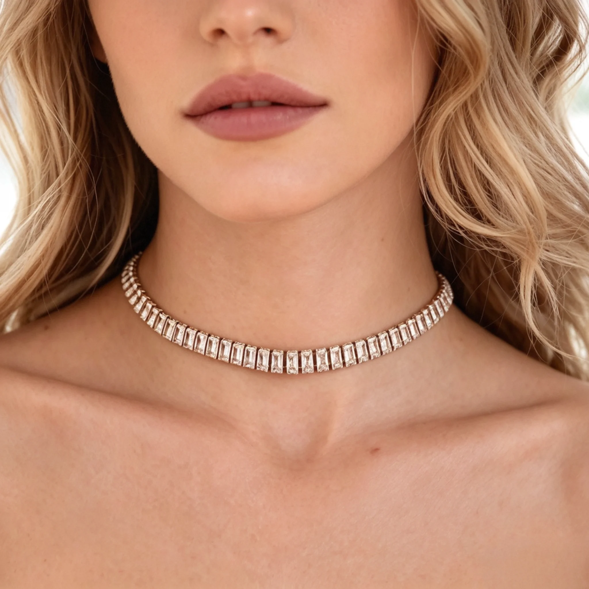model wearing a diamond choker necklace with an even row of stones