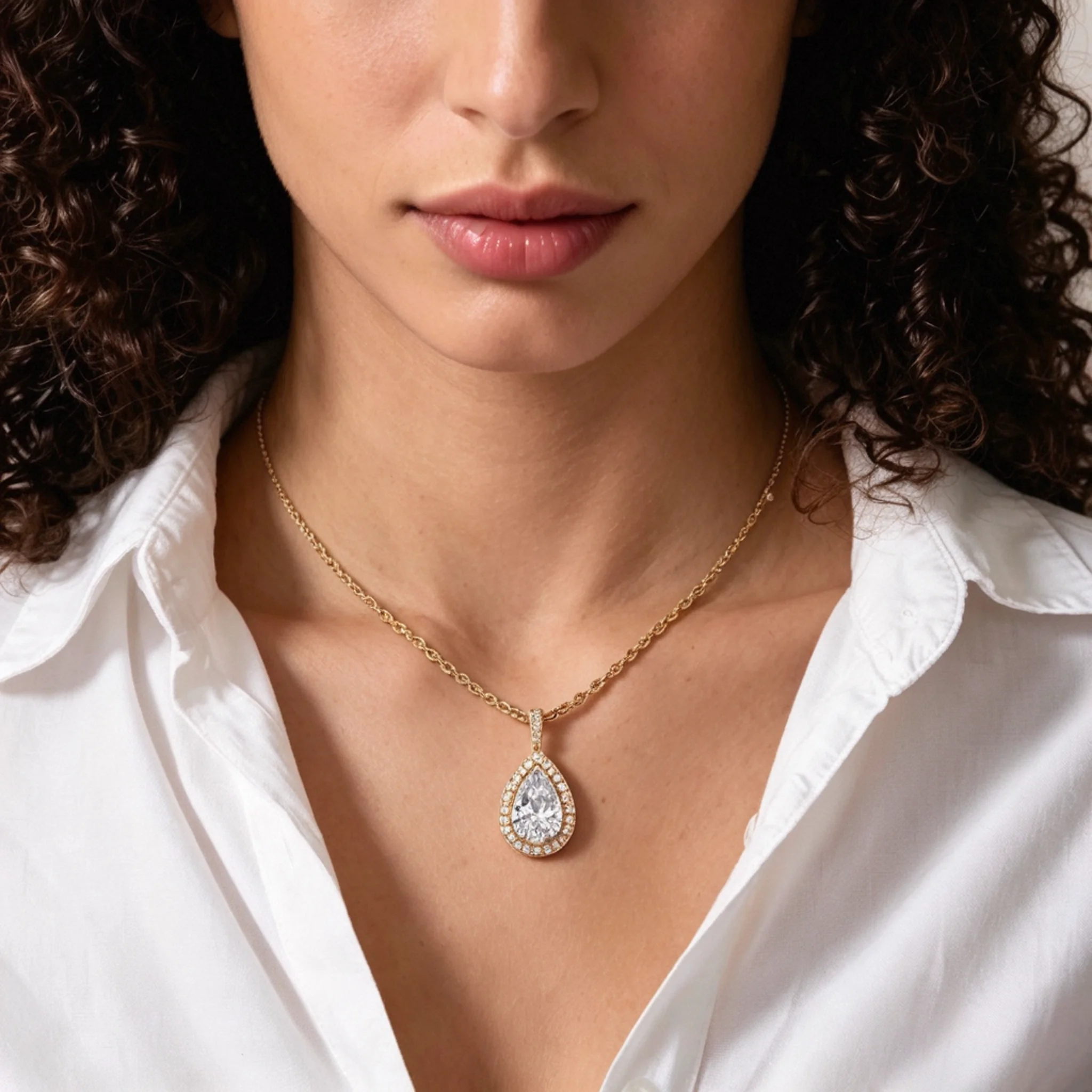 model wearing a diamond drop necklace with a vertical pendant and lower stone