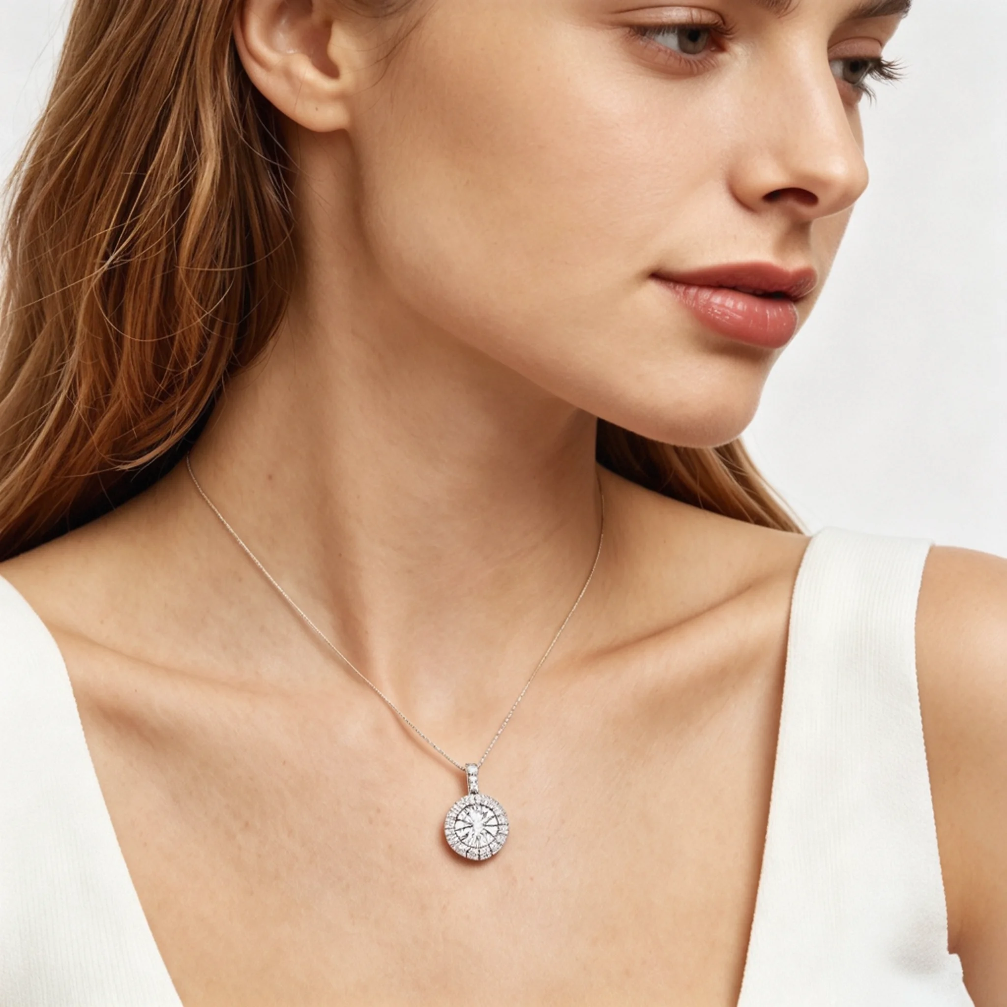 model wearing a diamond halo necklace with a center stone and surrounding diamond frame