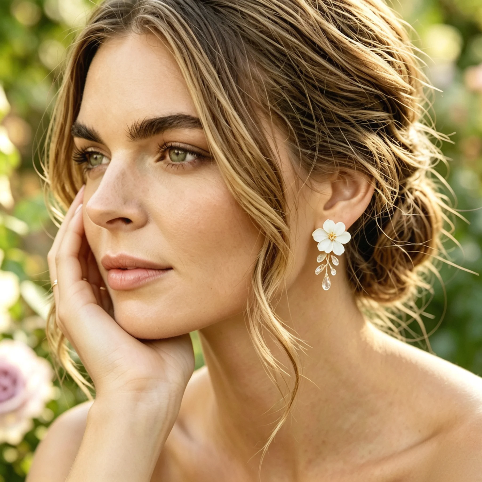 Floral bridal earrings beside the face with petal detail