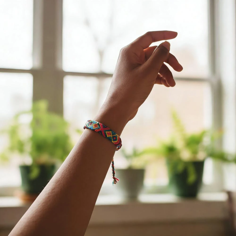 AI-generated friendship bracelet photo in a casual, real-life scene.