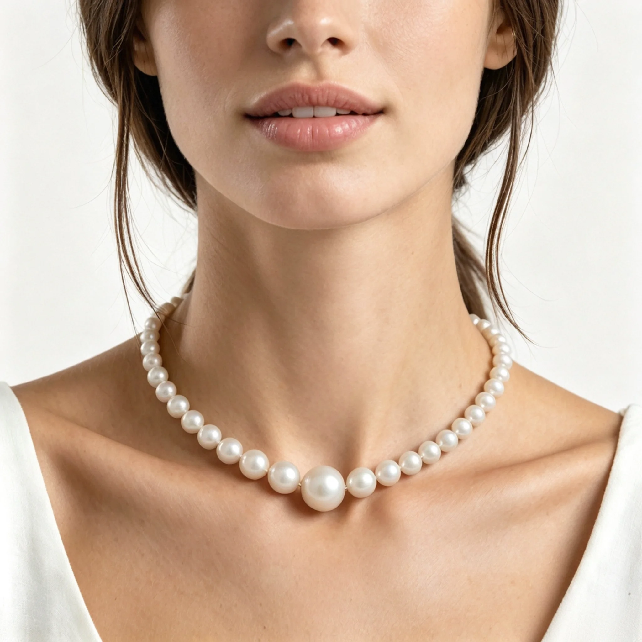 Graduated pearl necklace with larger center pearls and smooth size flow
