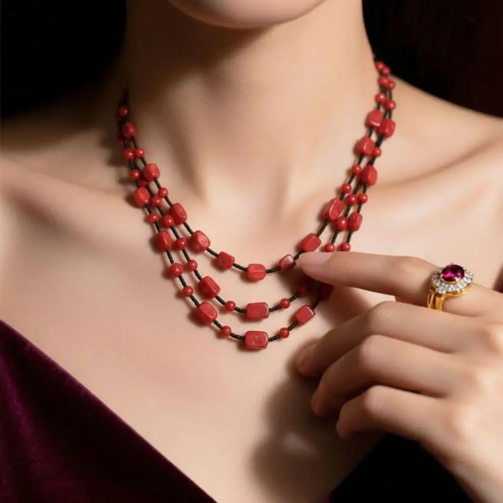 AI-modeled jewelry image showing a necklace on a virtual fashion model
