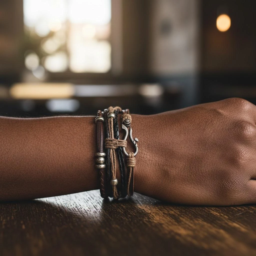 Leather bracelet on a model’s wrist created with AI, showing grain, stitching and a styled stack that conveys a strong fashion attitude.