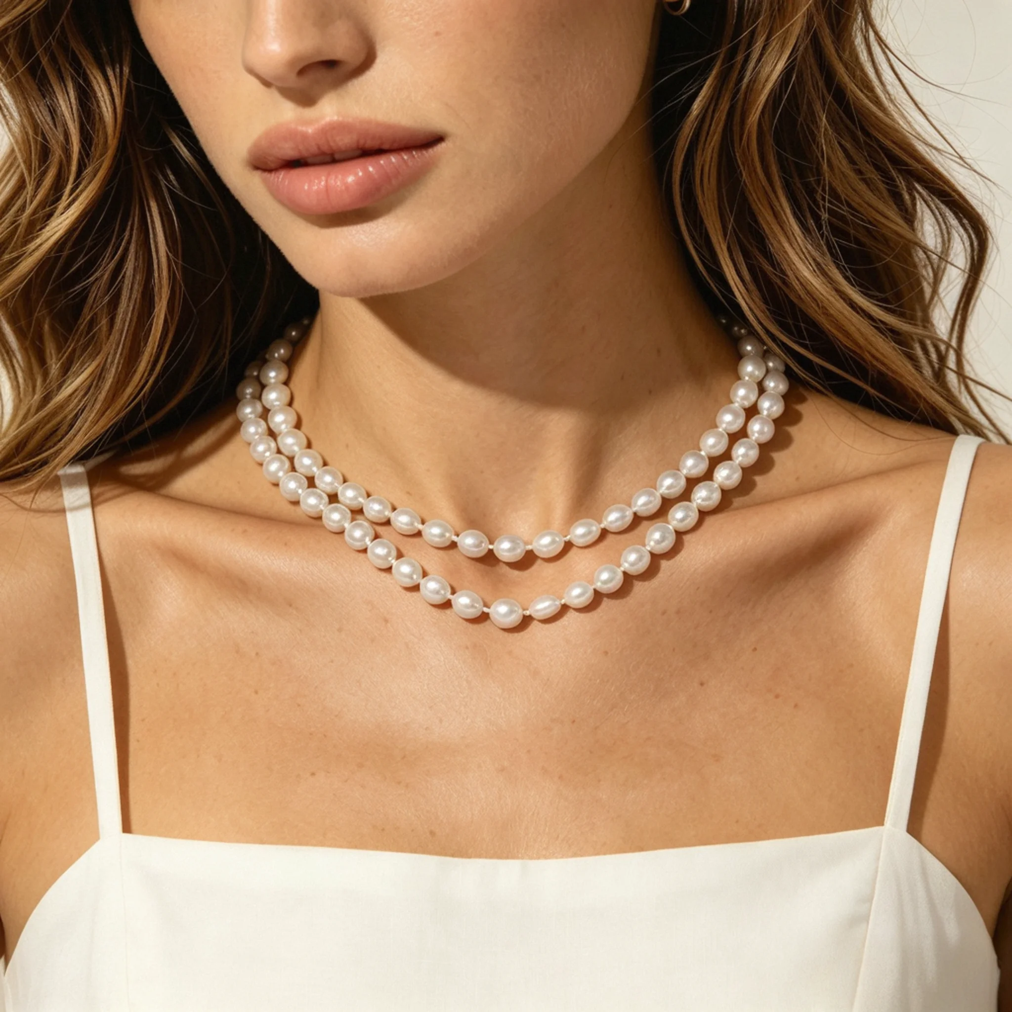 Multi-strand pearl jewelry with separated rows and full neck coverage