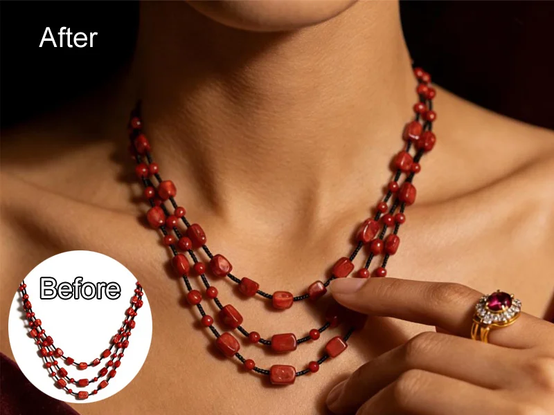 Nano Banana jewelry model example showing an AI-generated model wearing a necklace