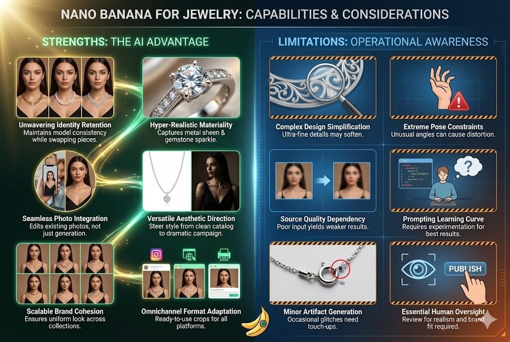 Showing the strengths and limitations of the Nano Banana jewelry model AI workflow for jewelry brands.