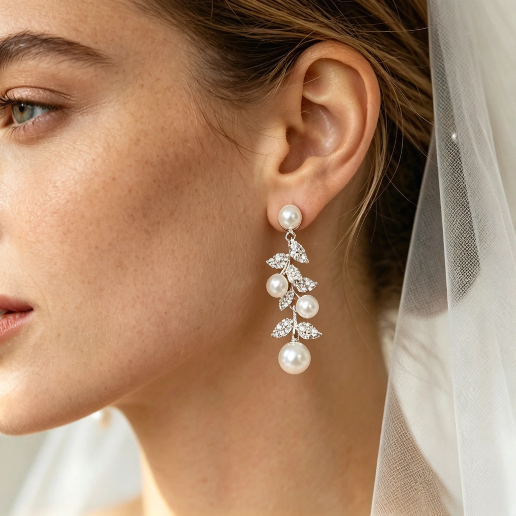 Pearl bridal earrings on a bridal model with soft face-side detail