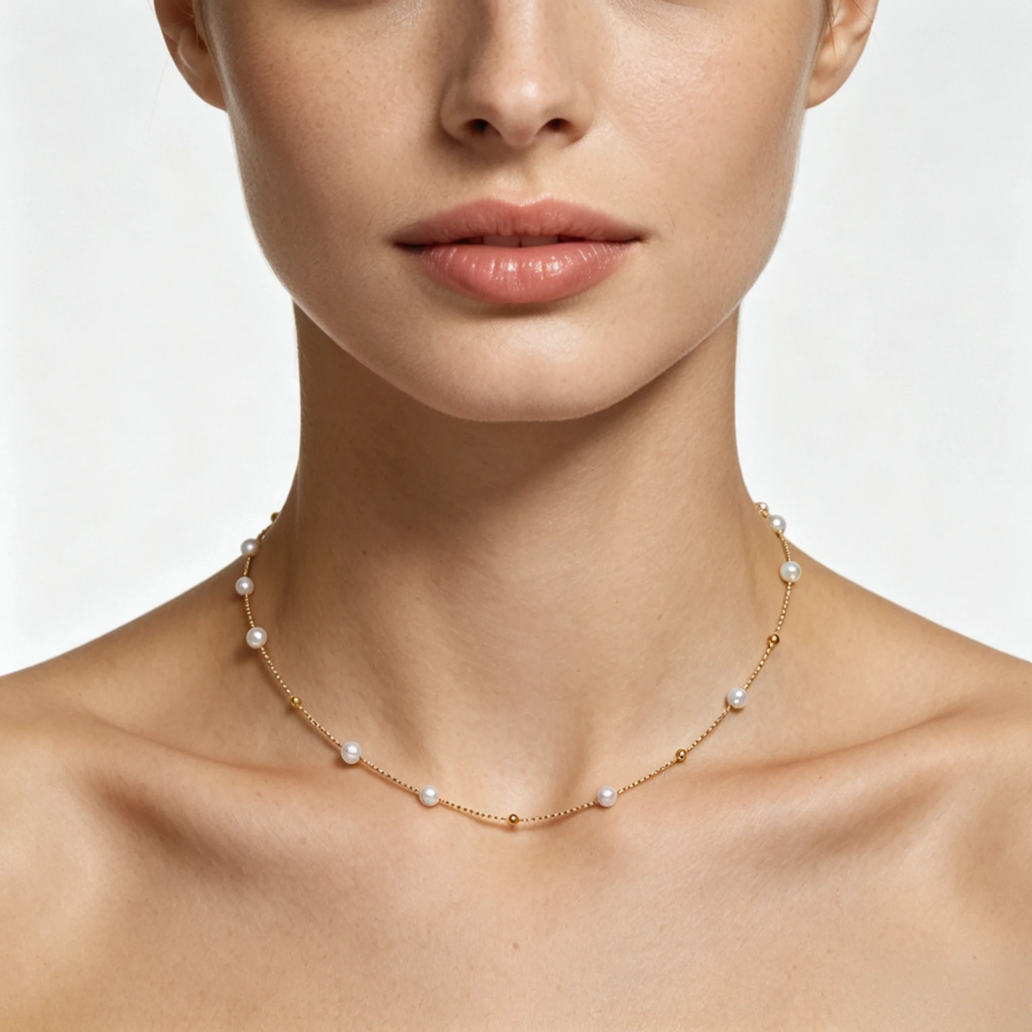 Pearl choker at close-neck height with compact pearl density