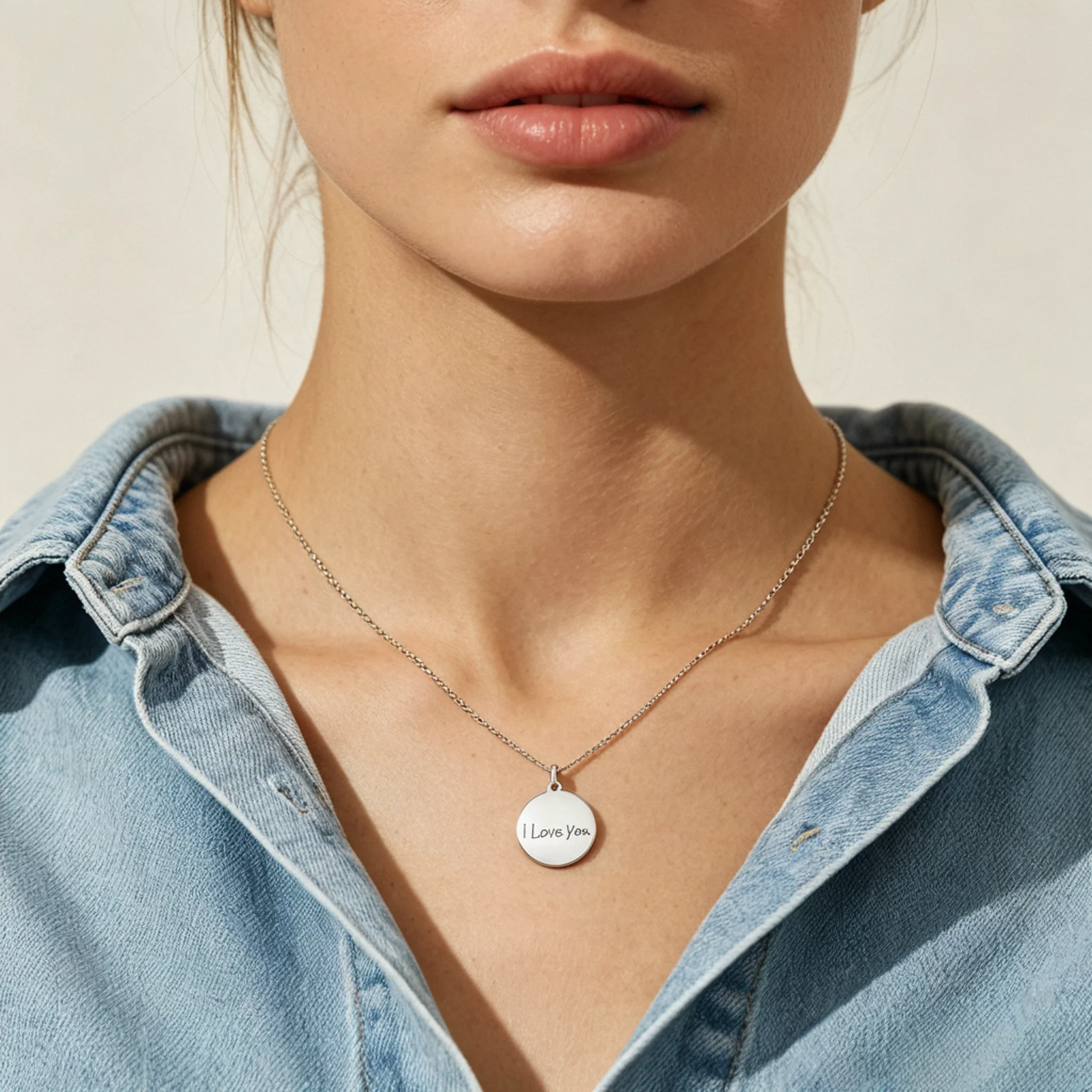 Engraved silver disc necklace on a model with legible wording and a front-facing pendant