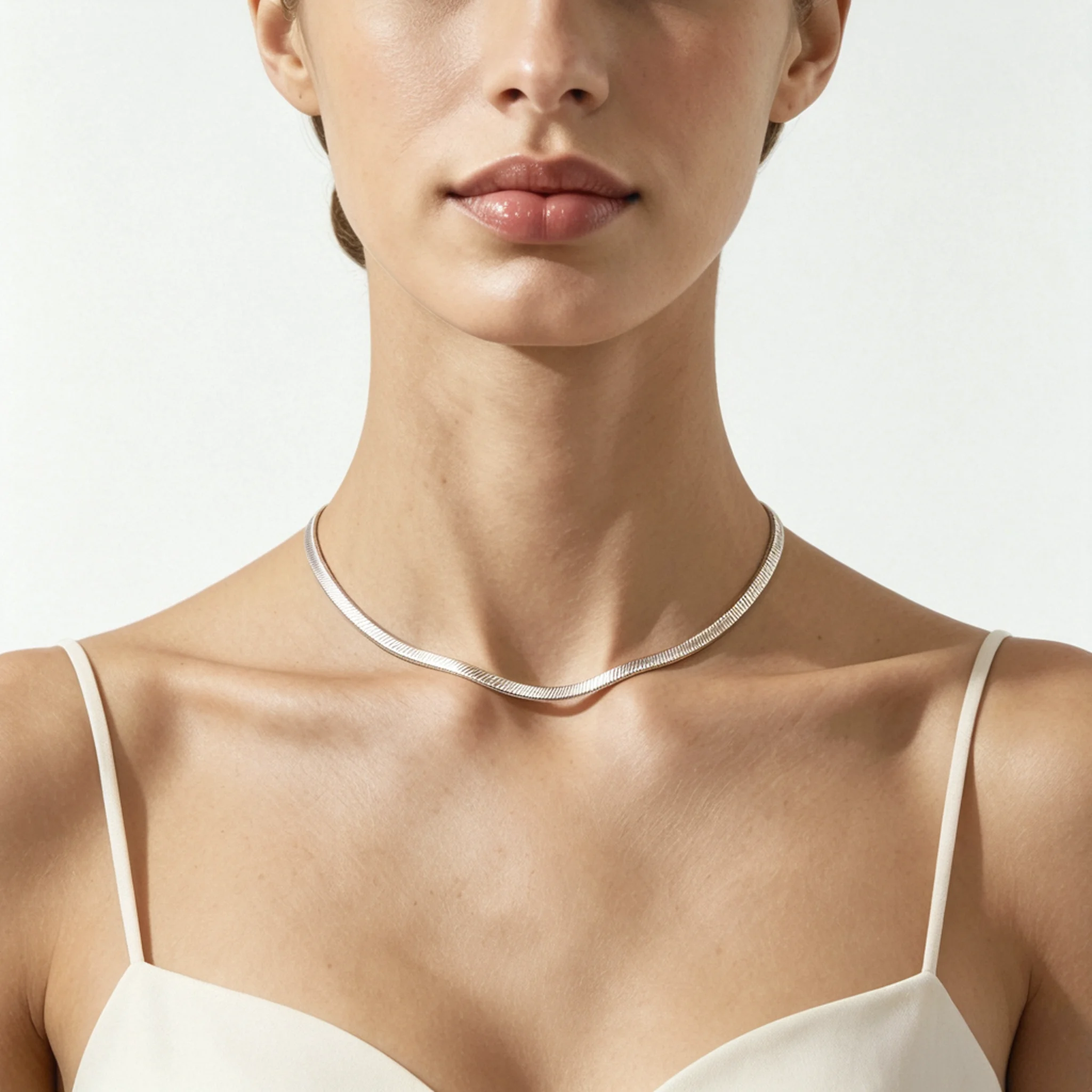 Silver herringbone necklace on a model with a flat center band and an even curve on both sides
