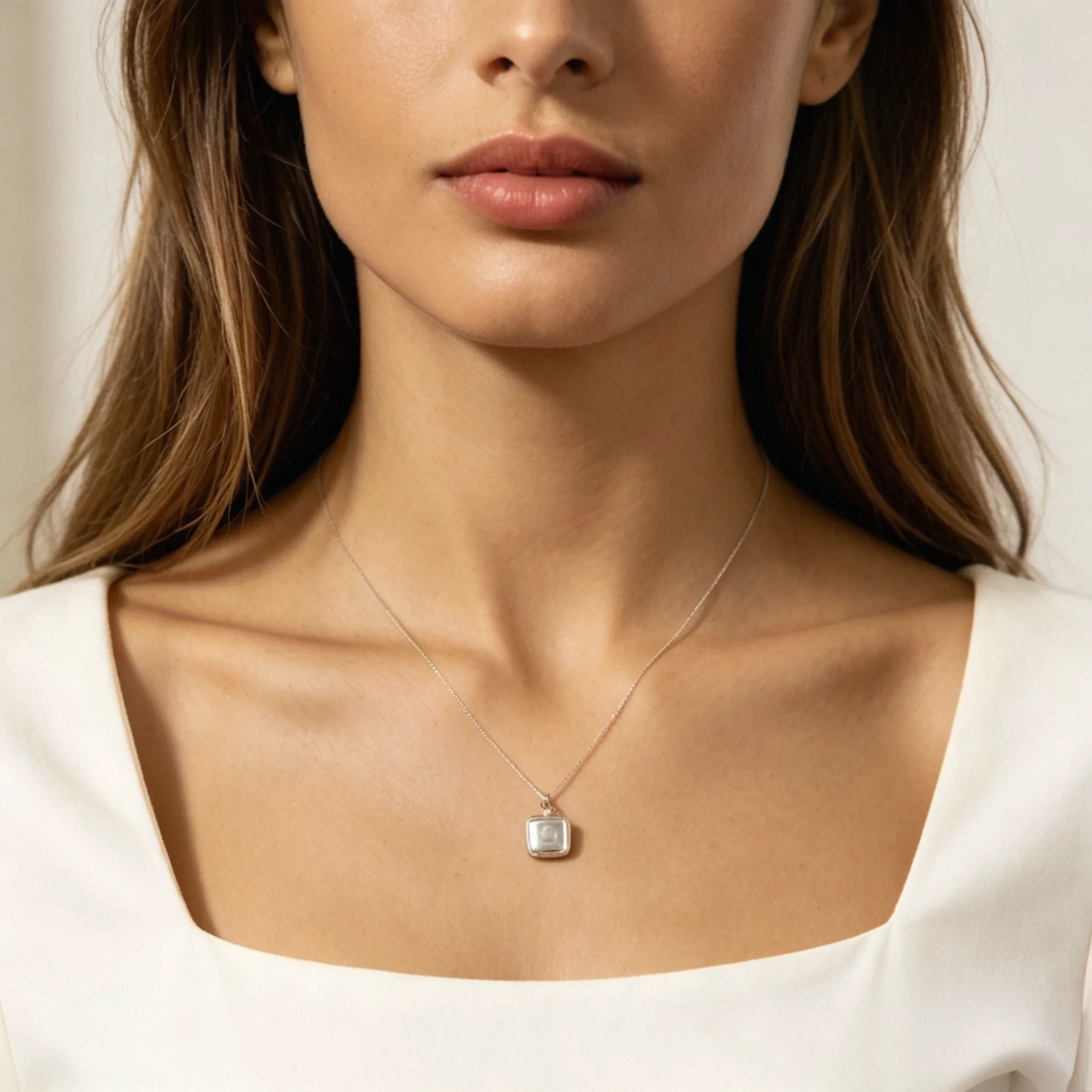 Silver locket necklace at the neckline with visible case depth and a clear front outline