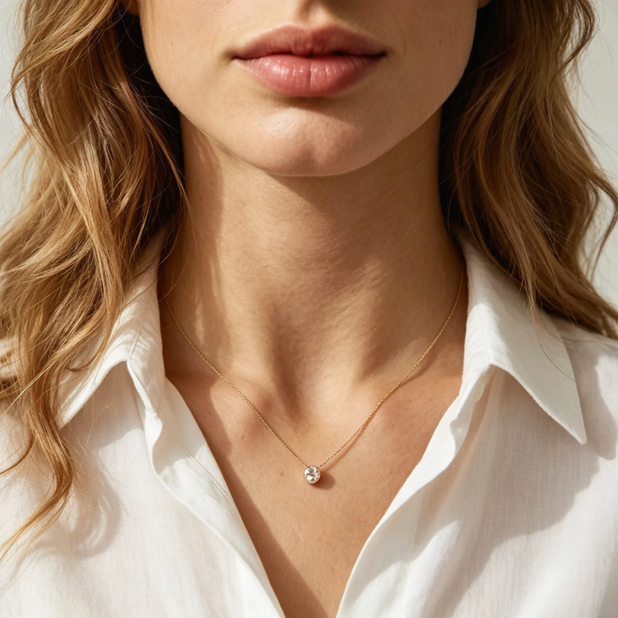 model wearing a solitaire diamond necklace with a centered round pendant