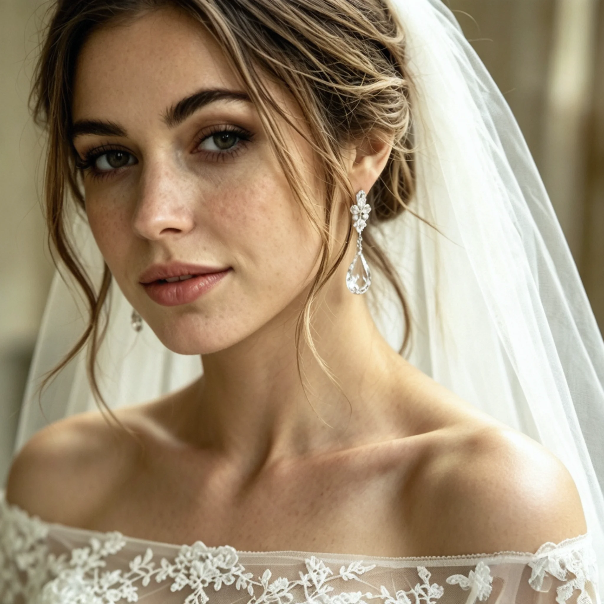 Teardrop bridal earrings on a bride showing lower curve and face balance