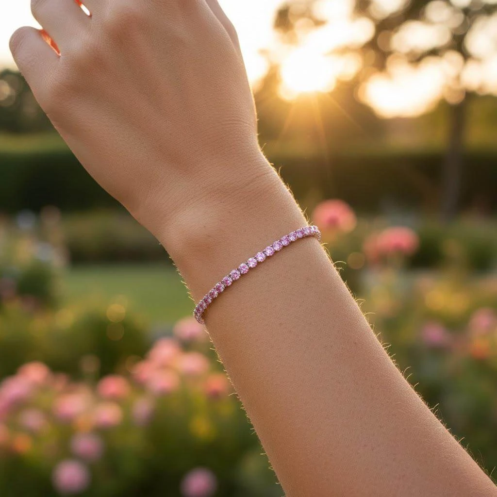 AI-generated tennis bracelet photo on a model’s wrist showing continuous sparkle and how the stones follow the curve of the wrist