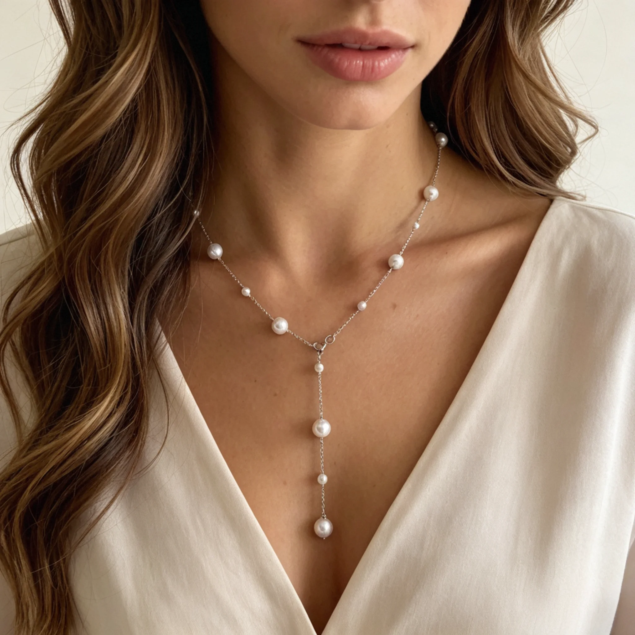 Y-shaped pearl necklace with a front drop for V-neck styling